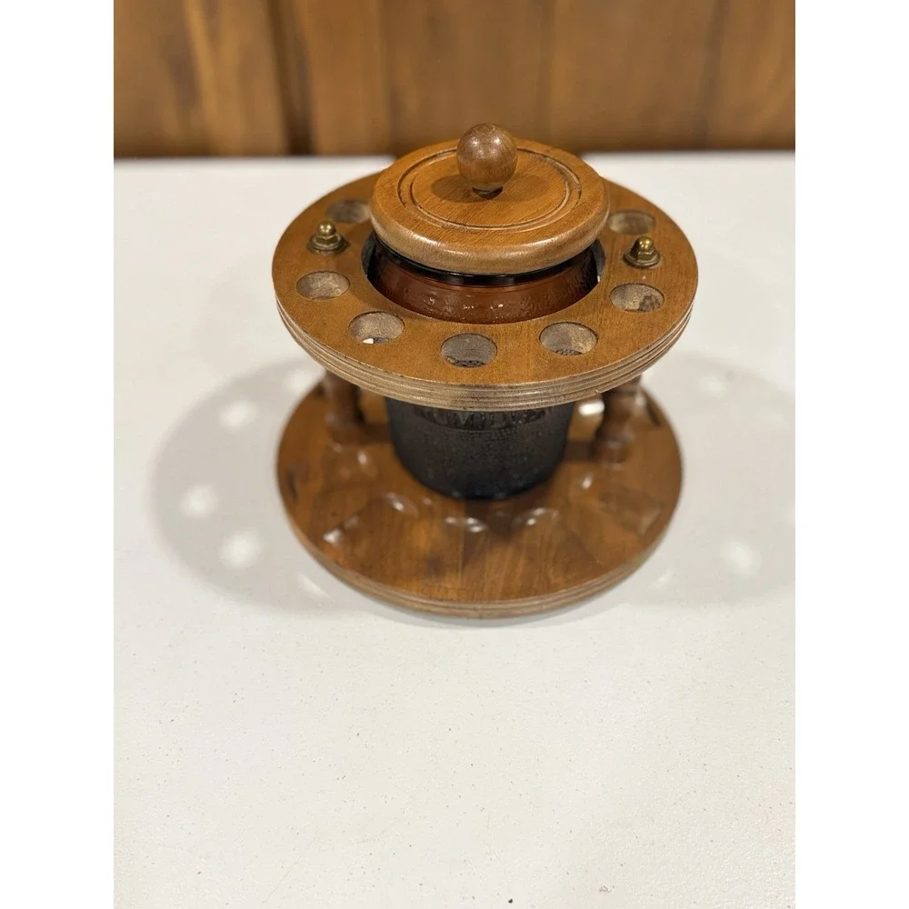 Vintage Round Wood Tobacco 10 Pipe Rack With Amber Duraglas Glass Humidor Jar